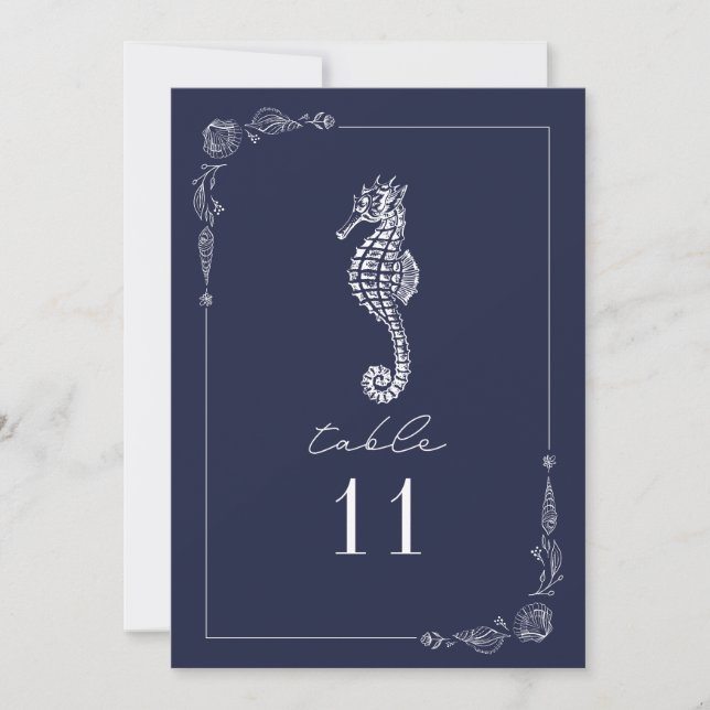 Invitation Rustic Seahorse Mariage bleu marine Numéro de tabl (Devant)