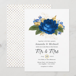 Invitation Rustic Shabby Royal Blue et Gold Floral Mariage