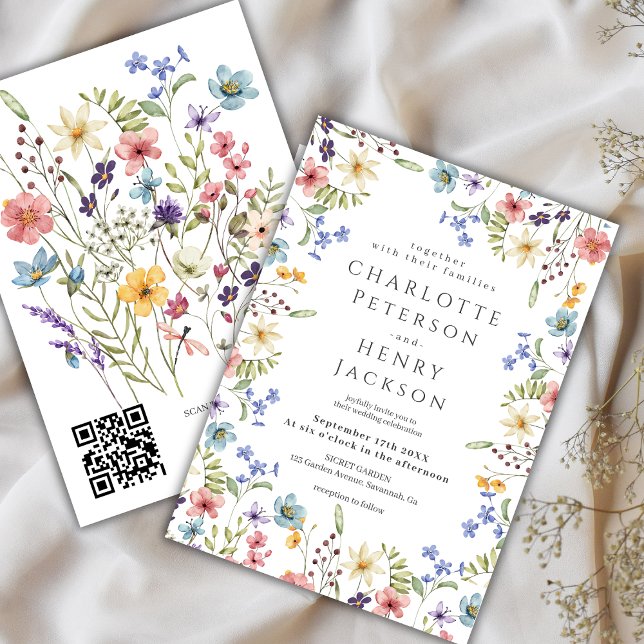 Invitation Rustic Spring Elegant Fleur sauvage QR Code Mariag (Créateur téléchargé)