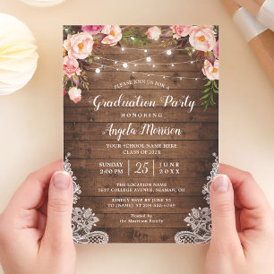 Invitation Rustic String éclaire Floral Photo Graduation Part