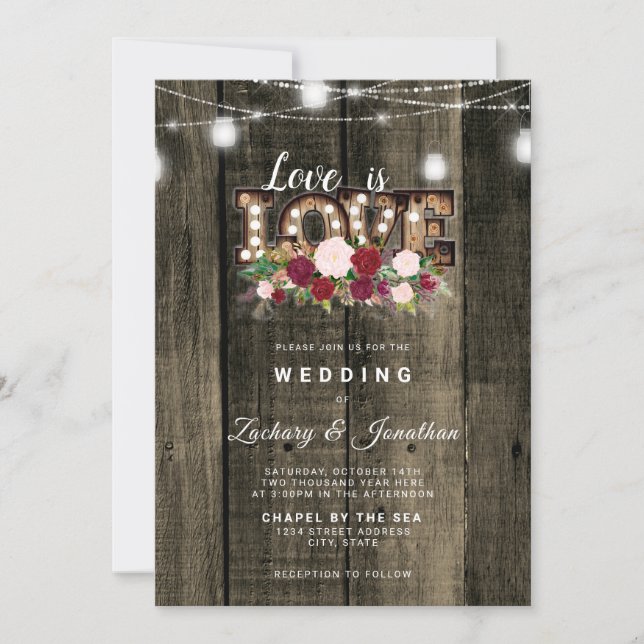 Invitation Rustic String Lights Amour est Amour Gay Mariage (Devant)