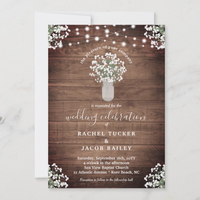 Invitation Rustic String Lights and Floral Vase of Babys Brea (Devant)