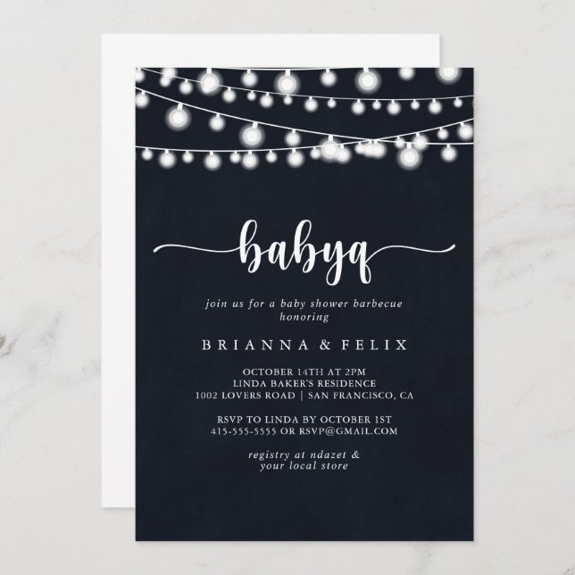 Invitation Rustic String Lights BabyQ Baby shower Barbecue (Devant / Derrière)