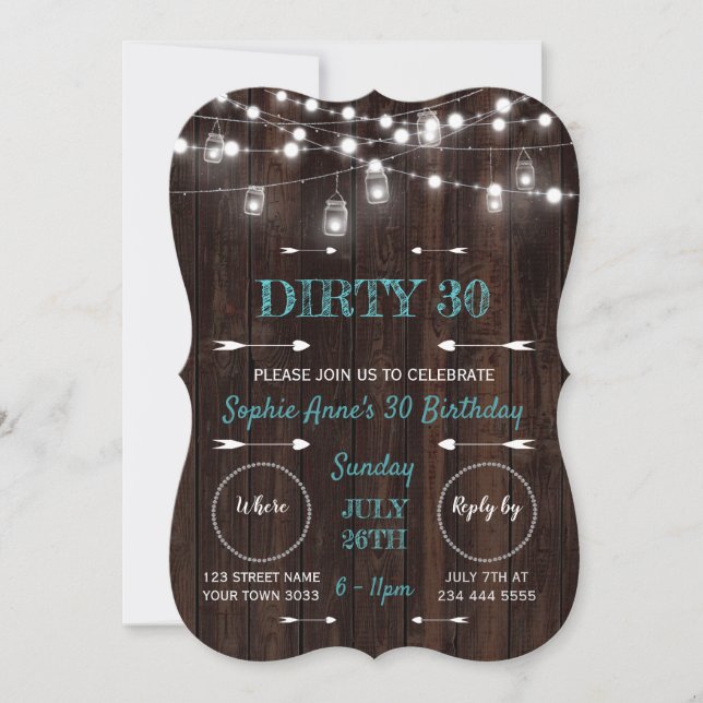 Invitation Rustic String Lights Grange Dirty 30 Anniversaire (Devant)