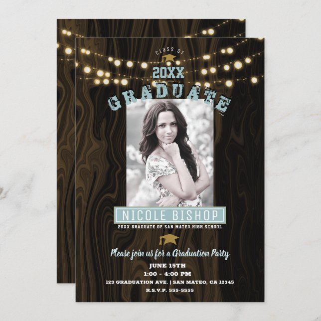 Invitation Rustic String Lights Photo Graduation Party (Devant / Derrière)