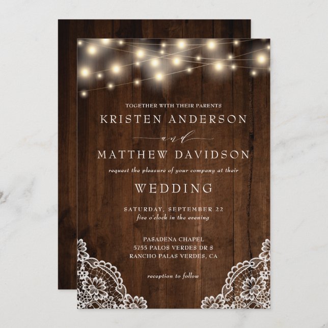 Invitation Rustic String Lights Wood Lace Détail Mariage (Devant / Derrière)