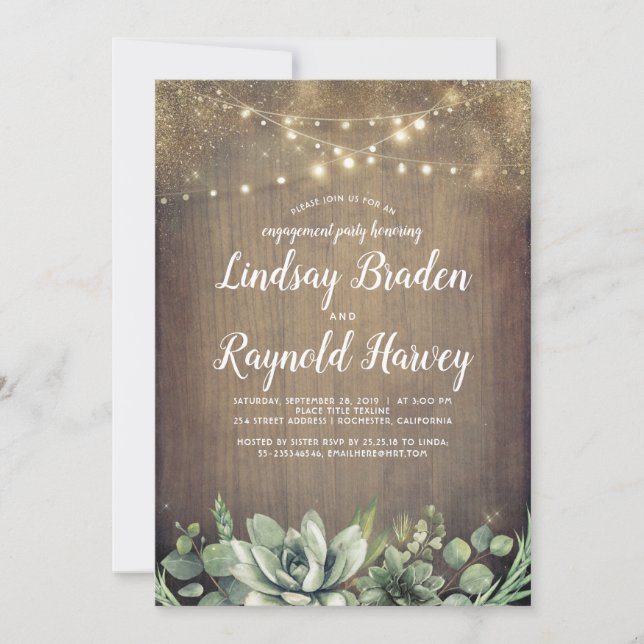 Invitation Rustic Succulents Parti d'engagement pour la verdu (Devant)