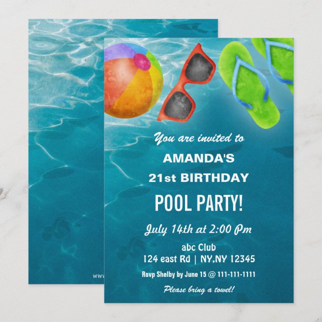 Invitation Rustic Summer Swimming Pool Party Birthday  (Devant / Derrière)