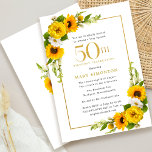 Invitation Rustic Sunflower 50e fête d'anniversaire<br><div class="desc">Jolie florale de tournesol jaune 50ème anniversaire invitation à la fête. Les tourbières jaunes et les marguerites blanches se mêlent aux tournesols. Un cadre en or rectangulaire lui donne une ambiance élégante. 50e anniversaire La fête et le nom du célébrant sont écrits en or. Très facile à customiser. Ce dos...</div>