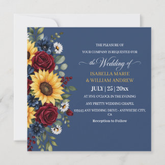 Invitation Rustic Sunflower Burgundy Navy Blue Wedding