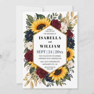 Invitation Rustic Sunflower Burgundy Red Navy Roses Wedding