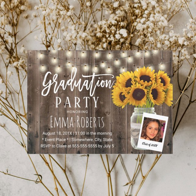 Invitation Rustic Sunflower Mason Jar Photo Graduation (Créateur téléchargé)