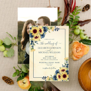Invitation Rustic Sunflower Navy Blue Floral Photo Mariage