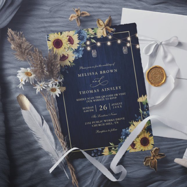 Invitation Rustic Sunflower Navy Blue Wood QR Code Wedding (Créateur téléchargé)