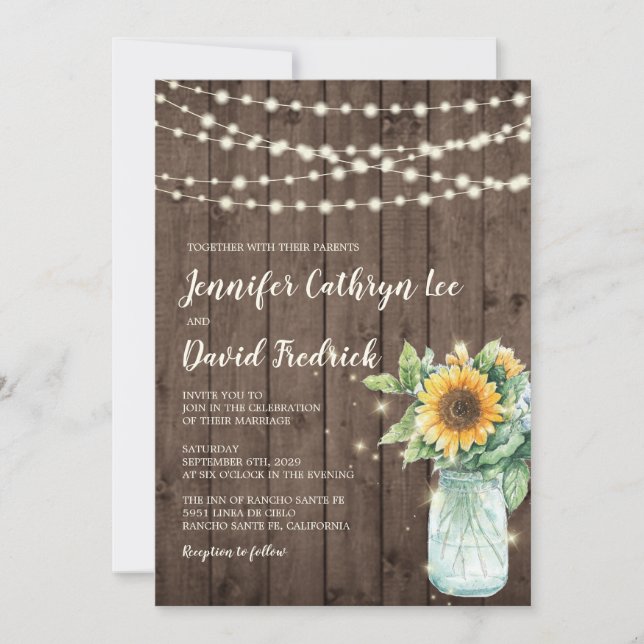 Invitation Rustic Sunflower String Lumières Mariage Invite © (Devant)