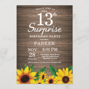 Invitation Rustic Sunflower Surprise 13e anniversaire Invitat