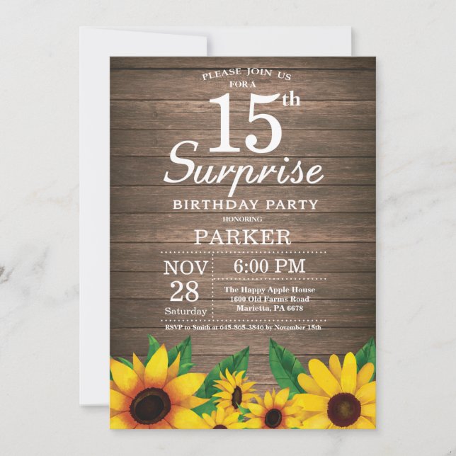 Invitation Rustic Sunflower Surprise 15e anniversaire Invitat (Devant)