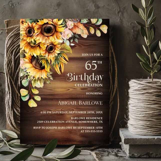 Invitation Rustic Sunflower Wood 65e fête d'anniversaire (Créateur téléchargé)