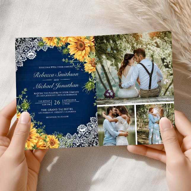 Invitation Rustic Sunflowers Navy Blue Wood QR Code Wedding (Créateur téléchargé)