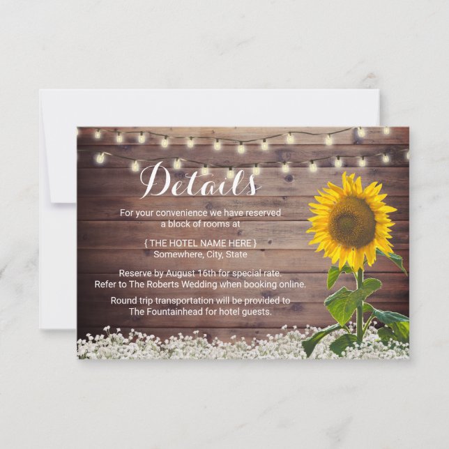 Invitation Rustic Sunfower String Lights Barne Détails du Mar (Devant)