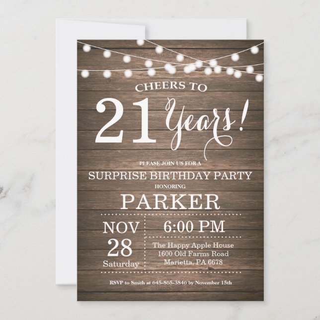 Invitation Rustic Surprise 21e anniversaire Bois (Devant)