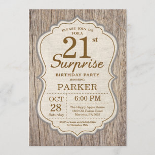 Invitation Rustic Surprise 21e anniversaire Bois
