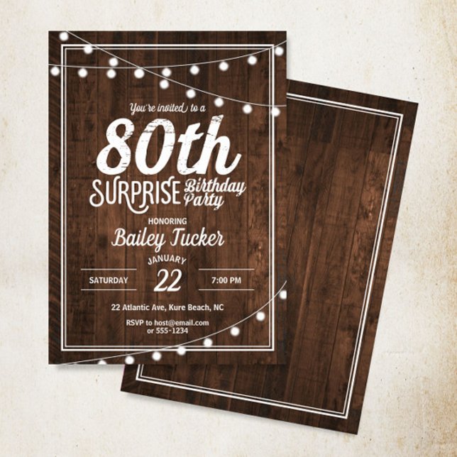Invitation Rustic Surprise 80e fête d'anniversaire (Créateur téléchargé)