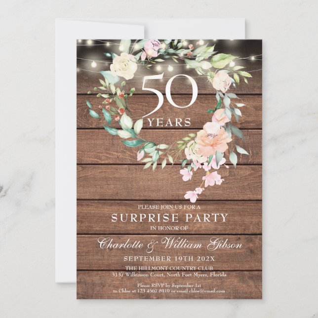 Invitation Rustic Surprise Party 50e anniversaire Floral (Devant)