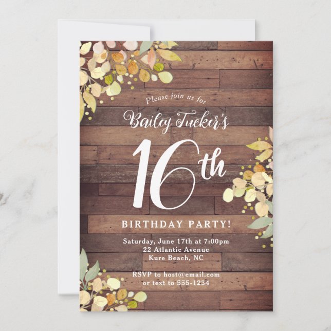 Invitation Rustic Sweet 16 automne Florals Feuille 16e annive (Devant)