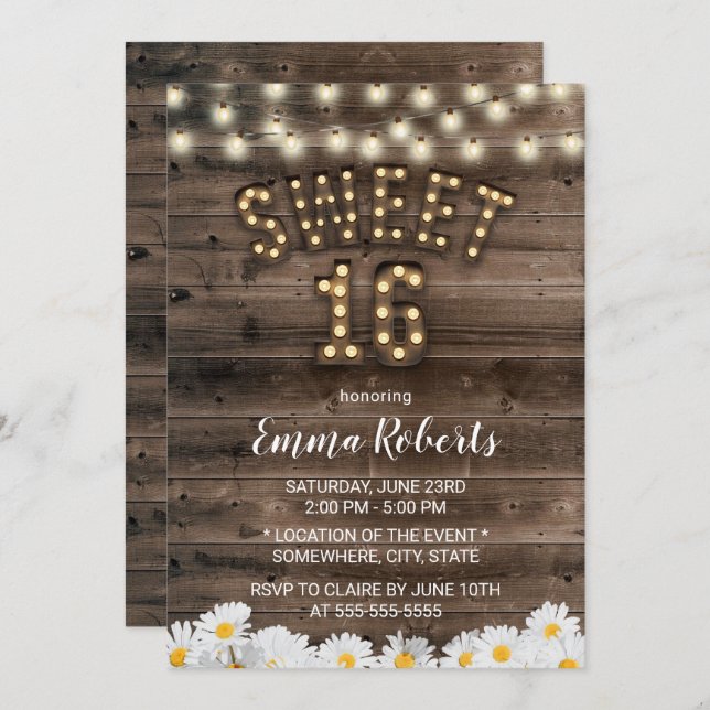 Invitation Rustic Sweet 16 Fleurs marguerites Bois de grange (Devant / Derrière)