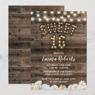 Invitation Rustic Sweet 16 Fleurs marguerites Bois de grange