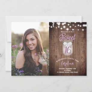 Invitation Rustic Sweet 16 Mason Jar Lights Purple Anniversai