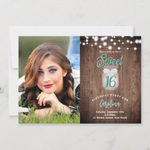 Invitation Rustic Sweet 16 Mason Jar Lumières Turquoise Anniv