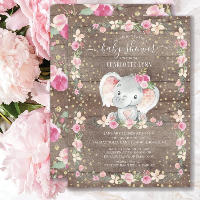 Invitation Rustic Sweet Baby Girl Elephant Baby shower (Créateur téléchargé)