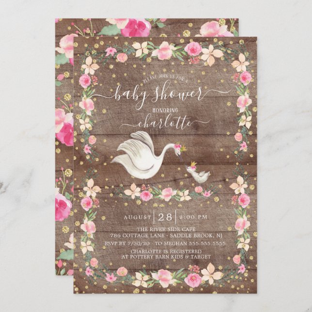 Invitation Rustic Sweet Maman & Baby Swan Baby shower (Devant / Derrière)
