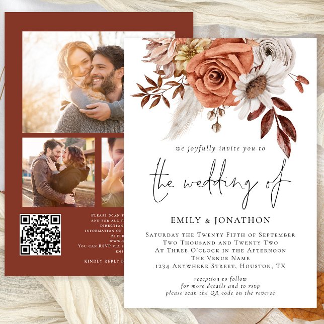 Invitation Rustic Terracotta Automne Florals 3 Photos QR Mari (Available digitally or printed)