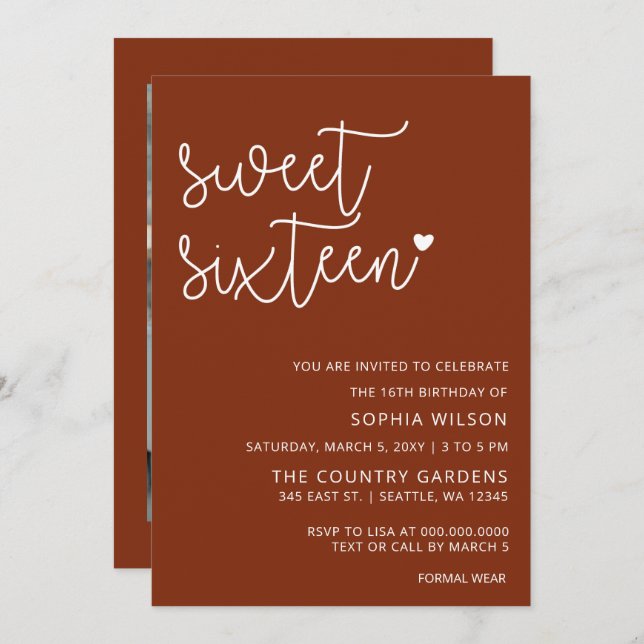 Invitation Rustic Terracotta Script Sweet 16 Anniversaire Pho (Devant / Derrière)