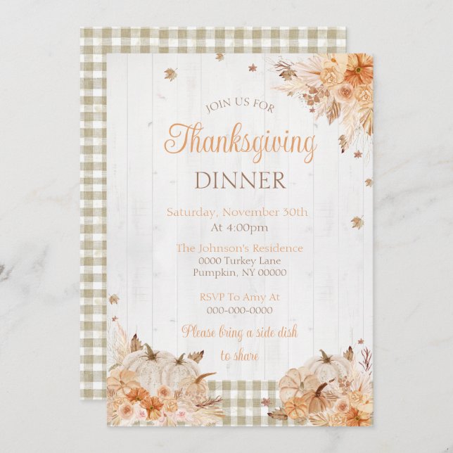 Invitation Rustic Thanksgiving Diner Party (Devant / Derrière)