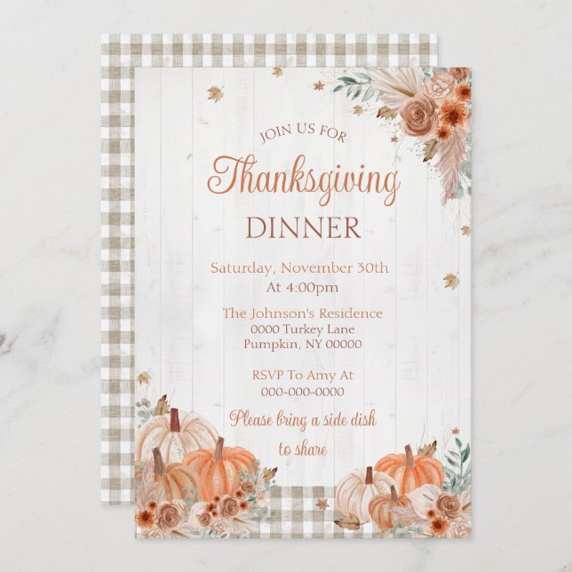 Invitation Rustic Thanksgiving Diner Party (Devant / Derrière)