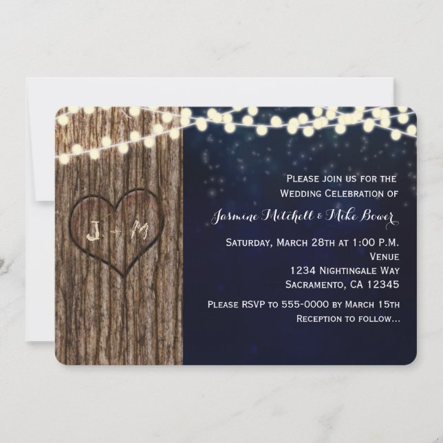 Invitation Rustic Tree Carved Heart Night Wedding Invite (Devant)