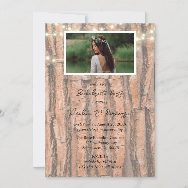 Invitation Rustic Tree Heart Photo Lights Bachelorette Party (Devant)