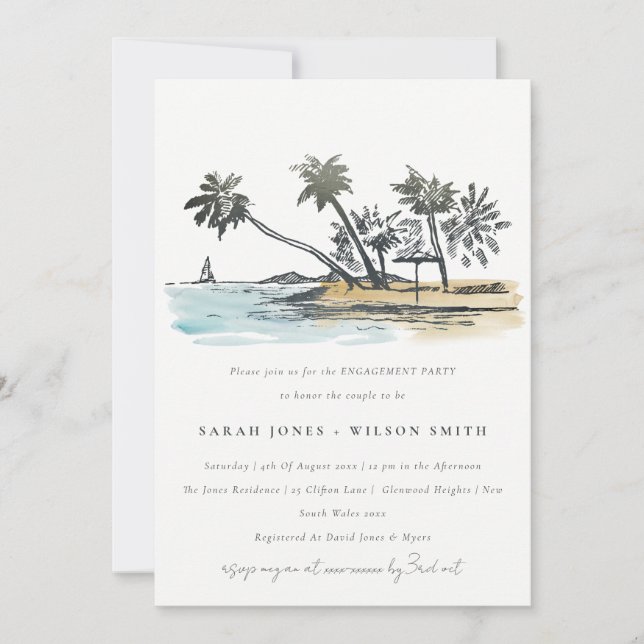 Invitation Rustic Tropical Beach Palm Tree Fiançailles croqui (Devant)