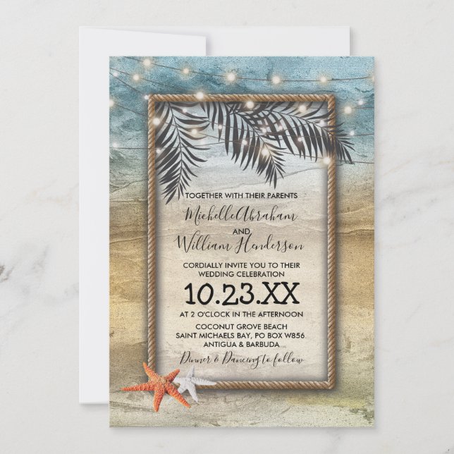 Invitation Rustic Tropical Beach Starfish Lights Mariage (Devant)