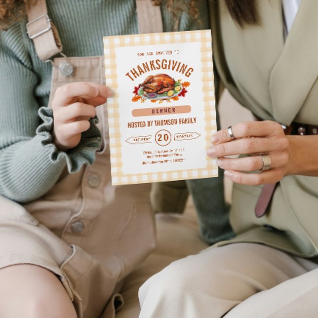 Invitation Rustic Turkey Thanksgiving Dinner Gingham Fall  (Pumpkin Rustic Thanksgiving Dinner Fall Watercolor Invitation)