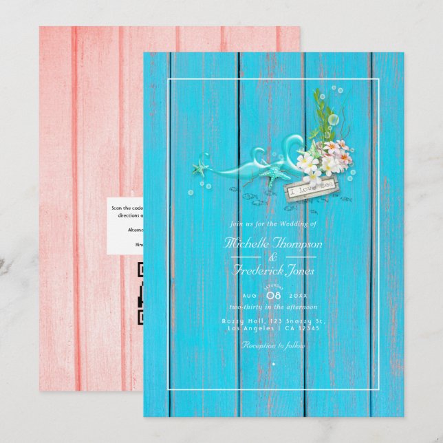 Invitation Rustic Turquoise and Coral Beach QR Code Wedding (Devant / Derrière)