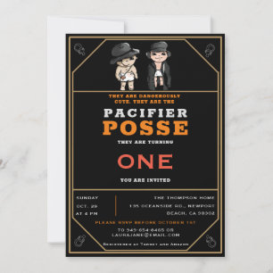 Invitation Rustic Twins Pacifier Posse Wild West Anniversaire