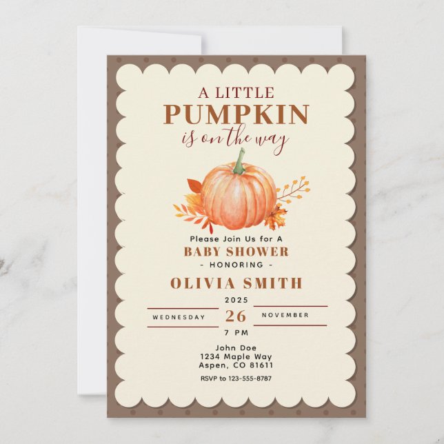 Invitation Rustic un petit Citrouille Automne Baby shower mig (Devant)