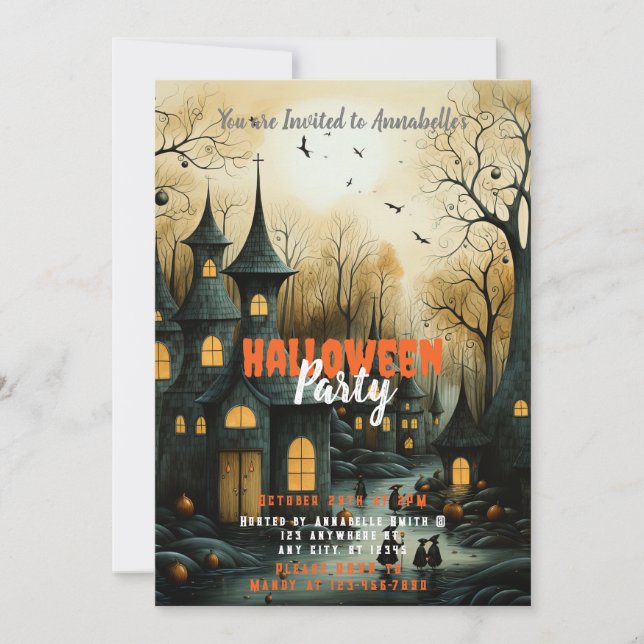 Invitation Rustic Village Bats Citrouilles Halloween Party (Devant)