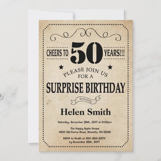 Invitation Rustic Vintage Retro, 50e anniversaire de surprise (Devant)