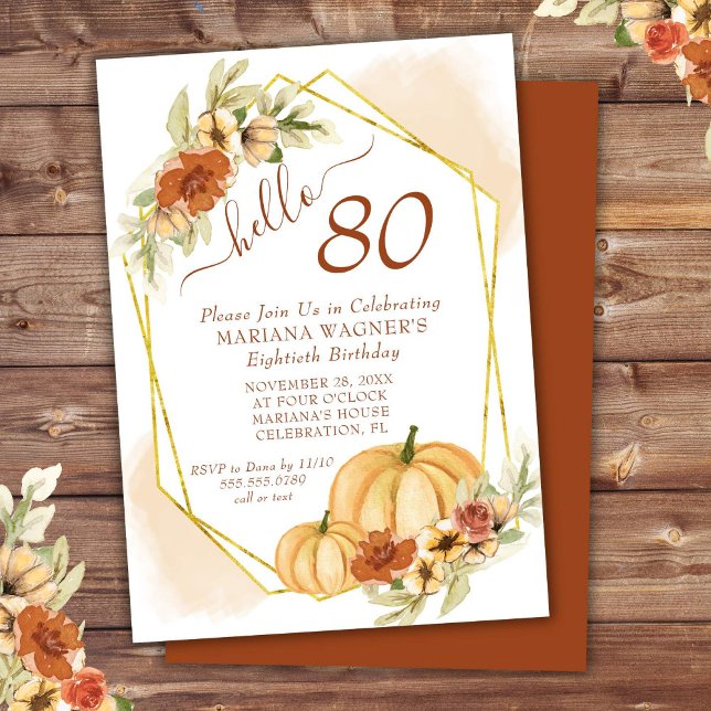 Invitation Rustic Watercolor Automne Citrouille 80e anniversa (Créateur téléchargé)